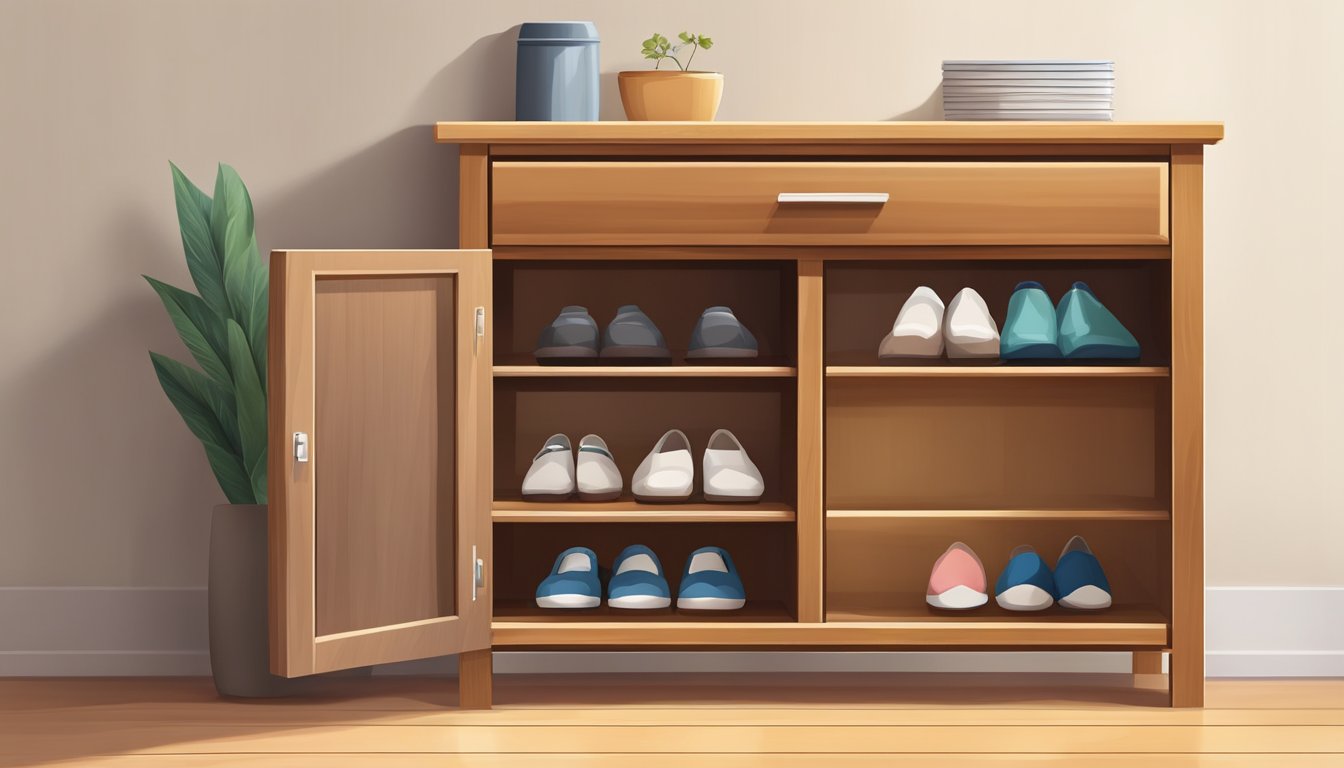 A wooden shoe cabinet stands strong, with a smooth surface and sturdy construction. A brush and cloth lay nearby, ready for maintenance
