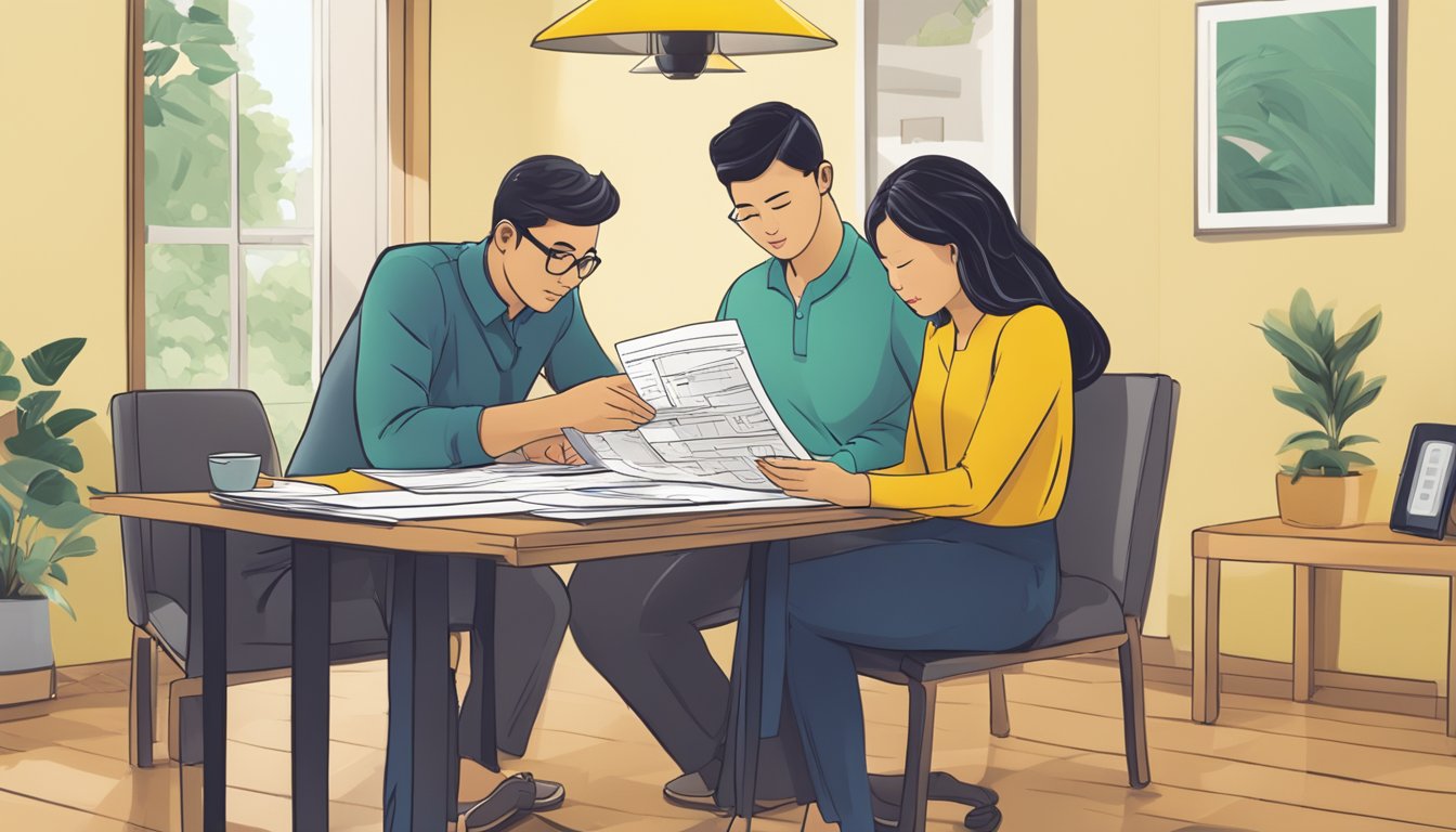 A couple sits at a table, reviewing documents with the Maybank logo. A calculator and pen are nearby, indicating financial considerations for a home loan