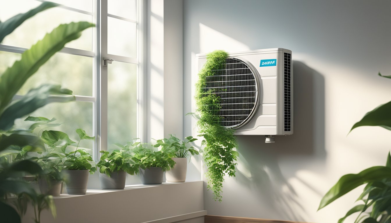 A Daikin SG air conditioner mounted on a white wall, surrounded by green plants and with sunlight streaming in through a nearby window