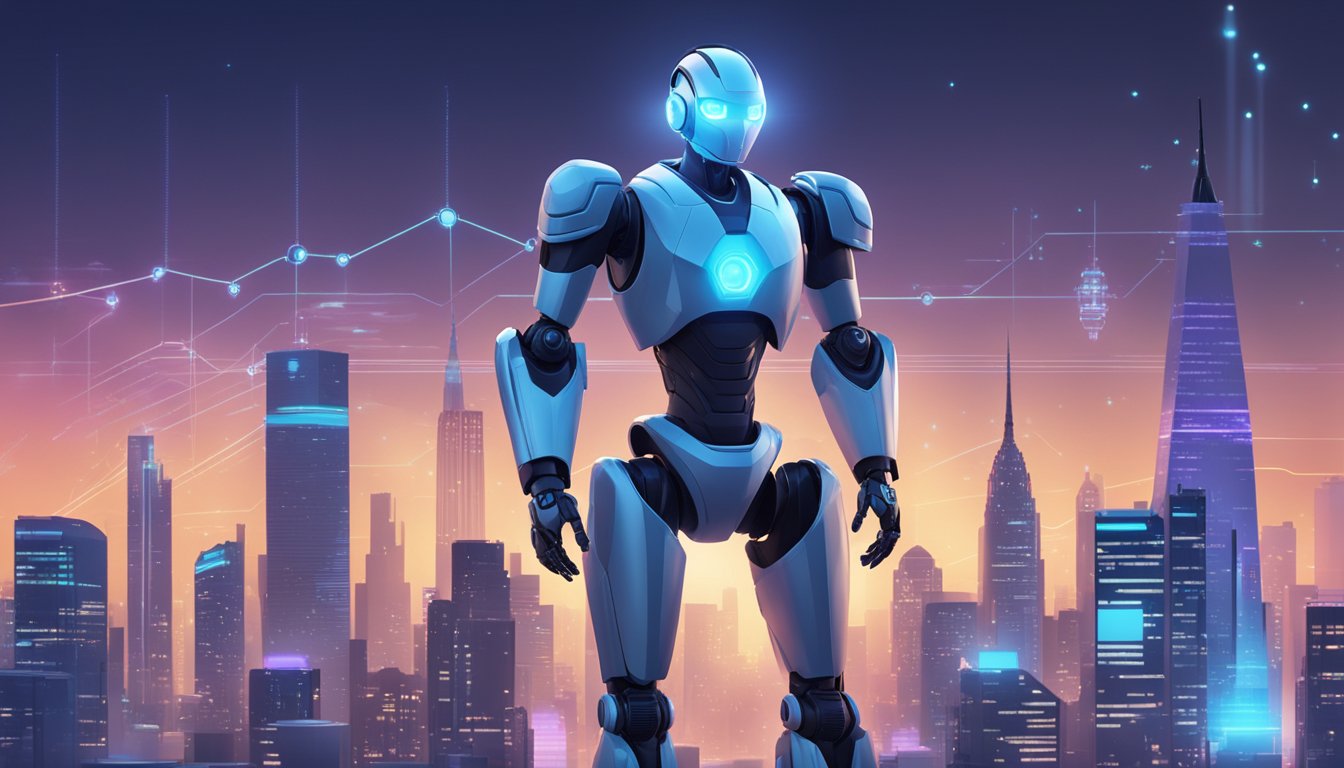 A sleek, futuristic robot advisor stands against a backdrop of a modern city skyline, with glowing digital charts and graphs projected around it