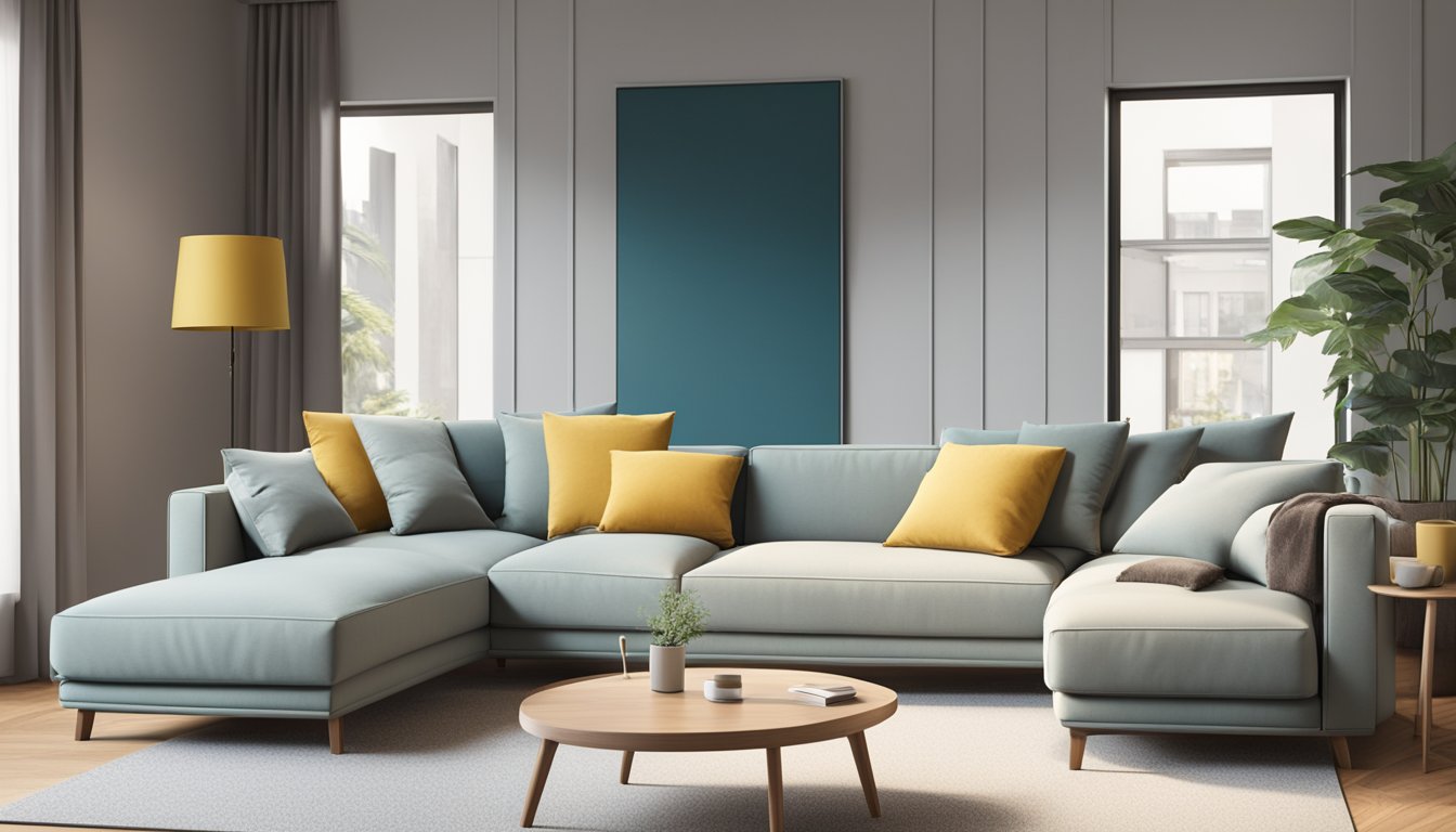 A modern 2-seater L-shaped sofa, with clean lines and plush cushions, sits in a well-lit living room, surrounded by a minimalistic decor