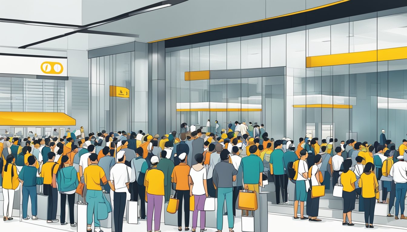 A crowded bank with long queues, while Maybank stands out with shorter lines and efficient service