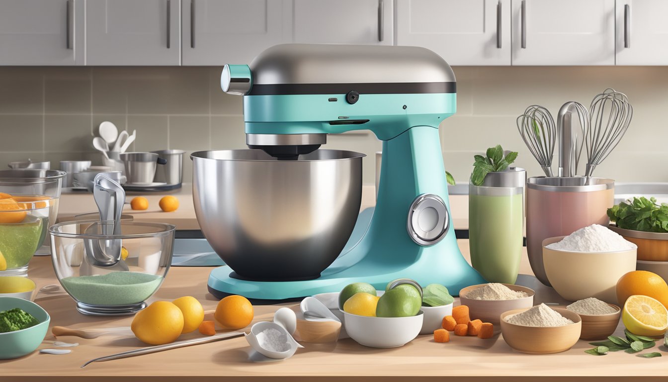 An electric mixer and a hand mixing tool sit side by side on a kitchen counter, surrounded by bowls, measuring cups, and ingredients