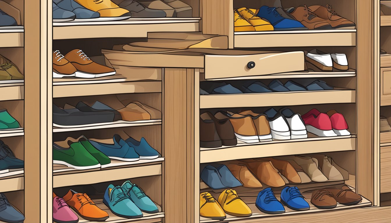 A wooden shoe cabinet with multiple compartments and a pull-out drawer, displaying various pairs of shoes neatly organized