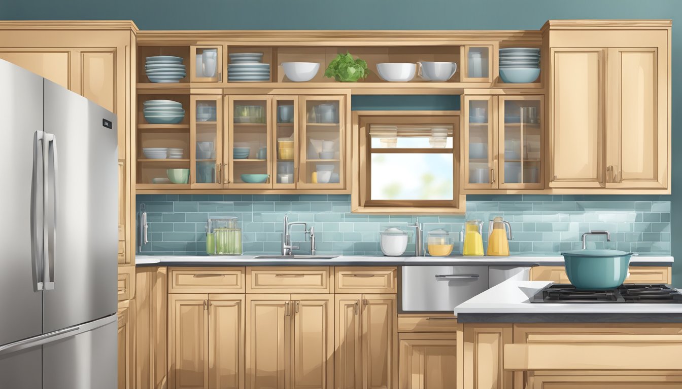 The kitchen cabinet is mounted at eye level, with shelves and doors reaching the ceiling. The cabinet is filled with neatly organized dishes and glassware