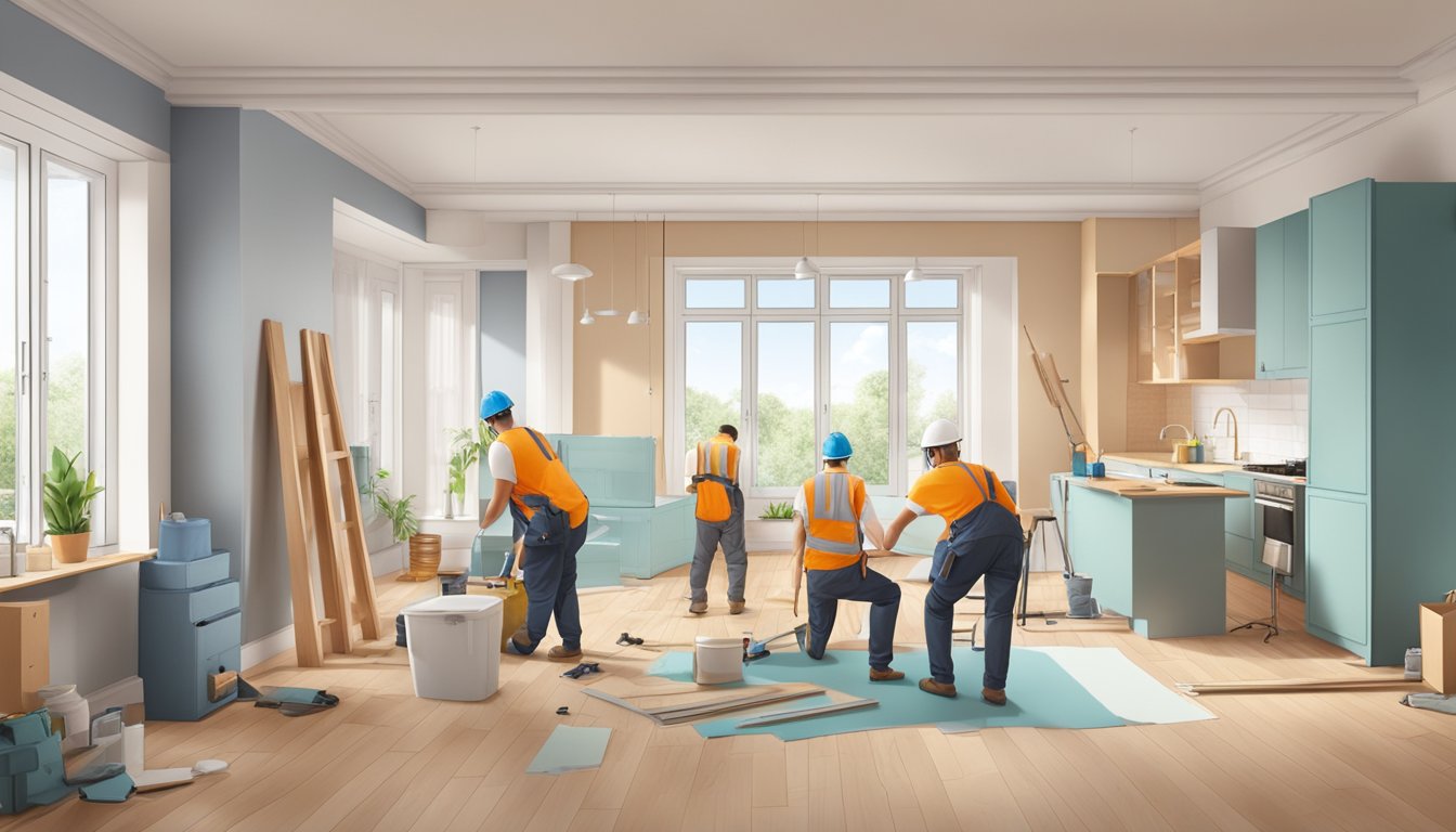 A spacious 3-room BTO flat undergoing renovation, with workers installing new fixtures and furniture, while the room is filled with renovation materials and tools