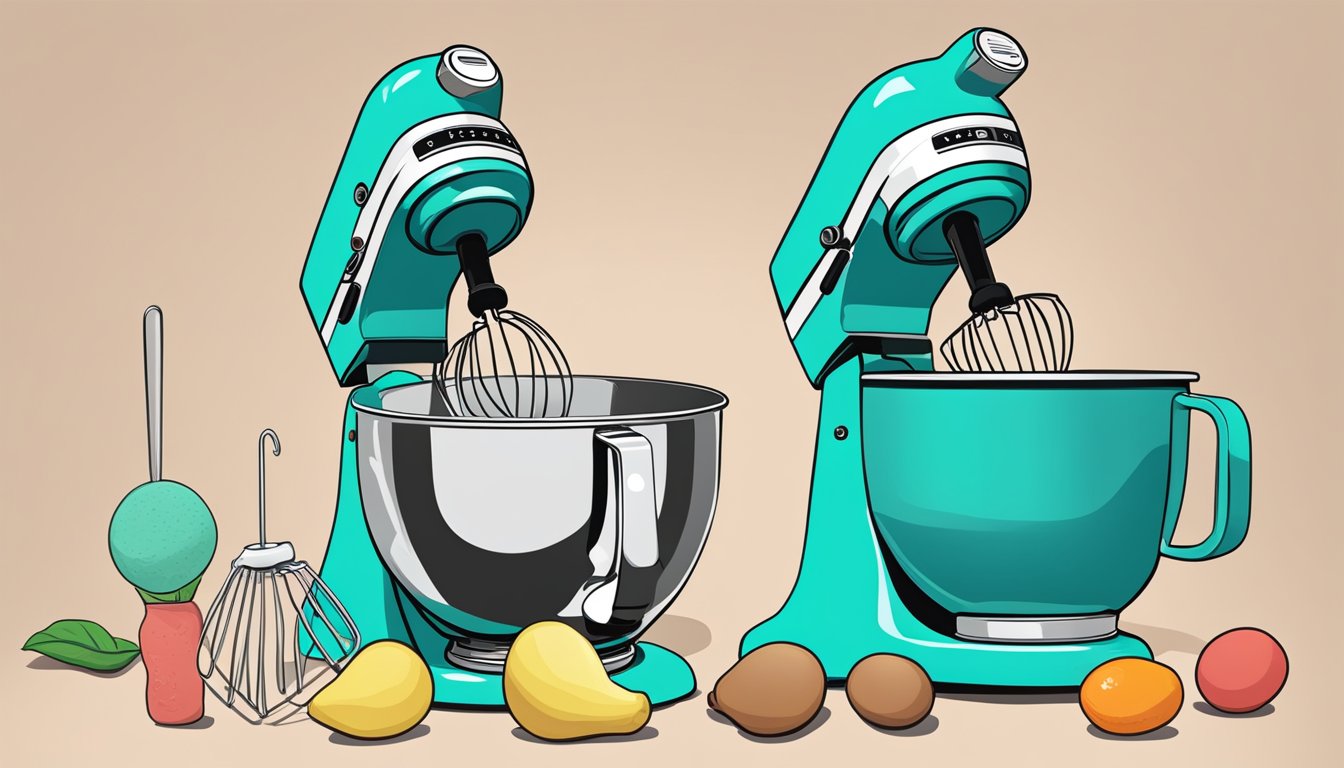 An electric mixer and a hand mixer are placed side by side, with ingredients and mixing bowls nearby. A question mark hovers between them, representing the debate over which method is better