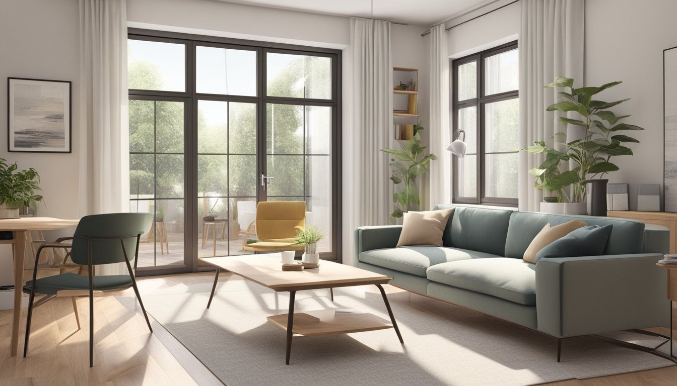 A small apartment with a modern and minimalist interior. A cozy living area with a stylish sofa, a functional dining space, and a well-organized work corner. Bright natural light streaming in through large windows