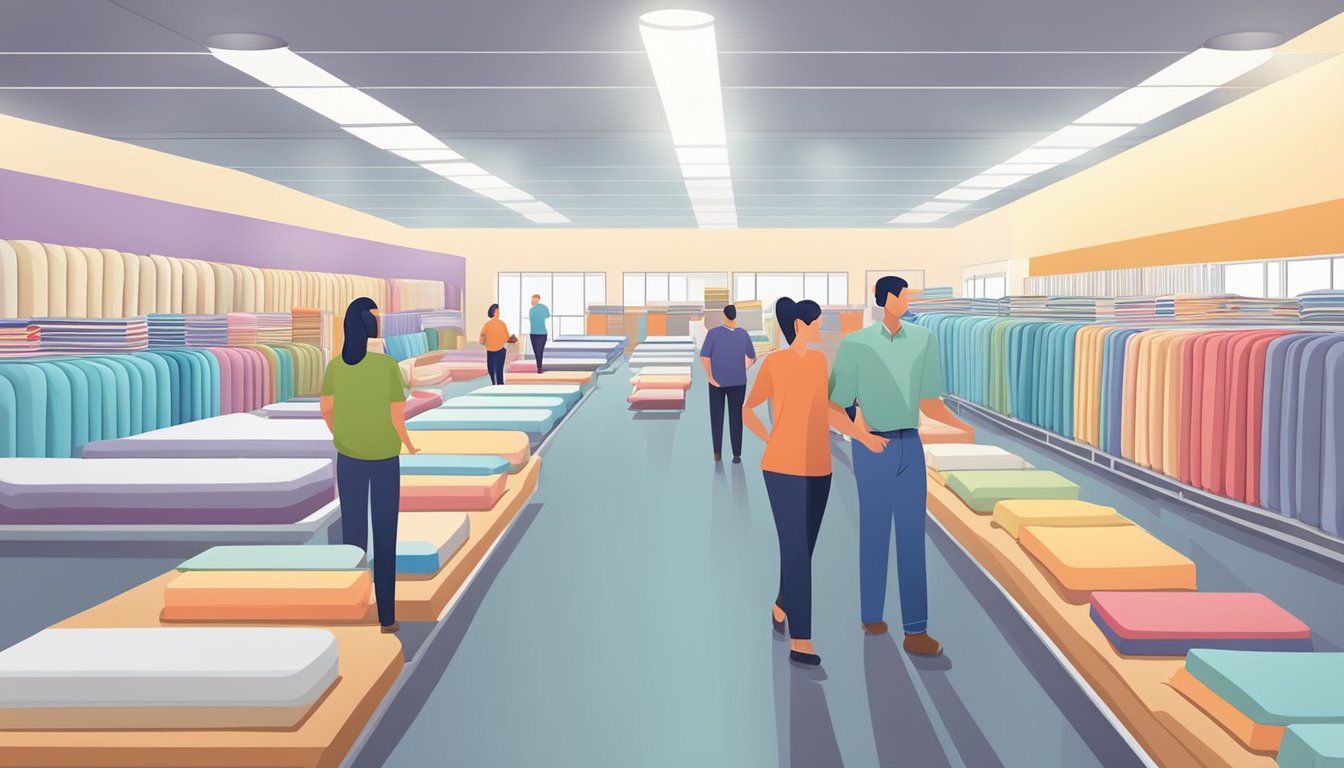 Customers browsing rows of mattresses at a discount mattress center. Various types and sizes on display. Bright lighting and colorful signage