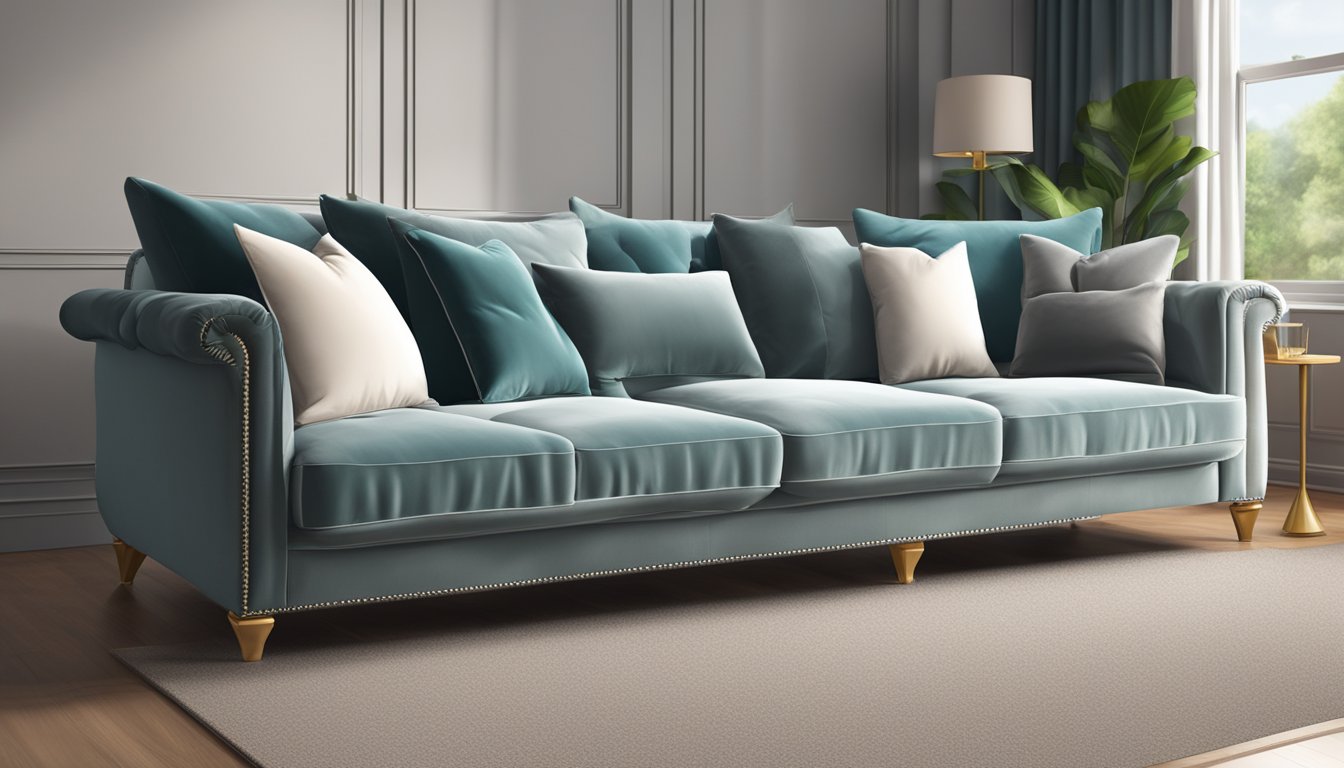 A large, plush sofa dominates the room, its dimensions conveying comfort and luxury