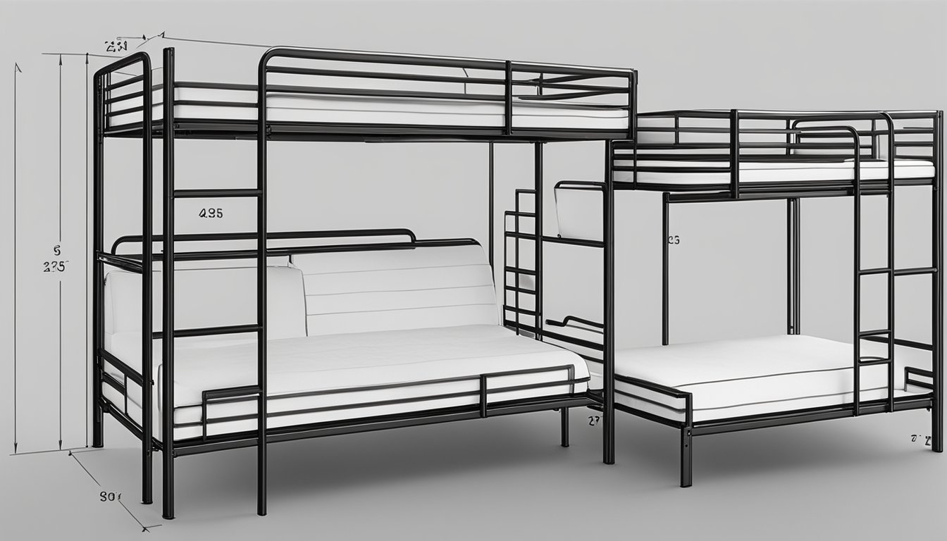 Three-tiered bunk bed with sleek metal frame and built-in ladders. Each bed features a sturdy guardrail and ample space for storage underneath