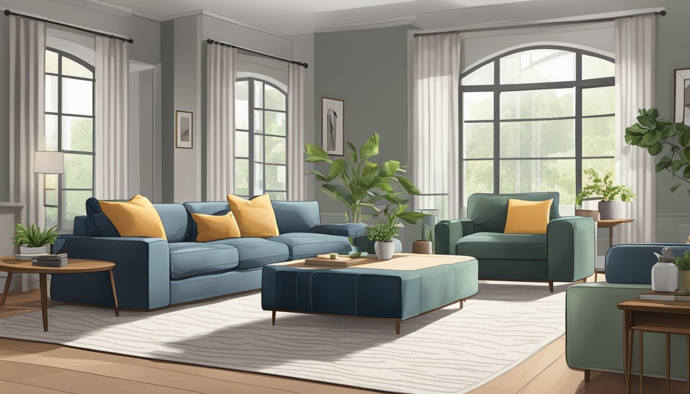 A spacious living room with a large, comfortable sofa centered in the room, with ample space around it for easy movement