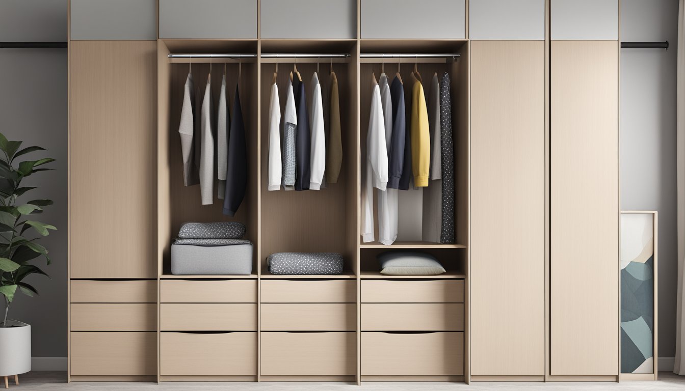 A sleek modular wardrobe in a modern Singaporean home, with clean lines and storage compartments, showcasing a minimalist design aesthetic