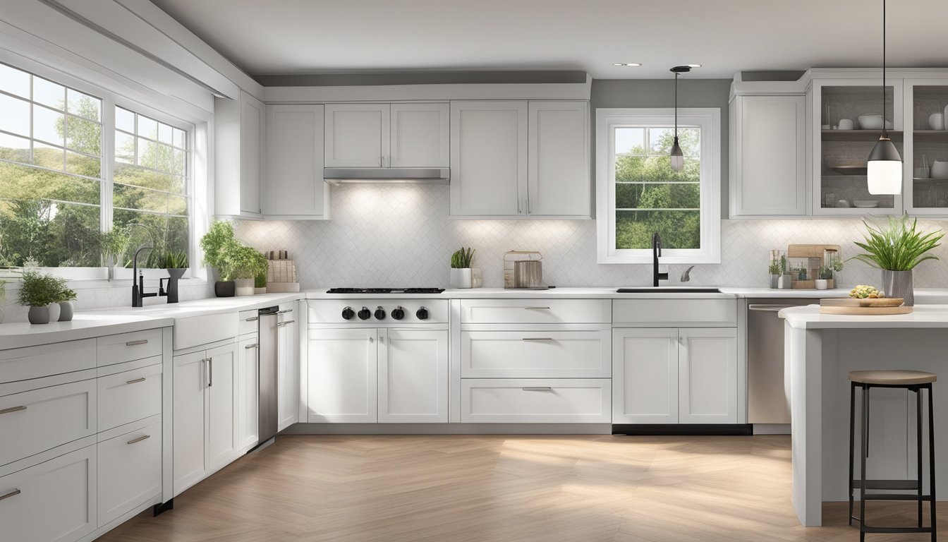 The kitchen cabinet height is at eye level, with sleek, modern lines and a minimalist aesthetic. The cabinets are a crisp white color, with subtle hardware and clean, uncluttered surfaces