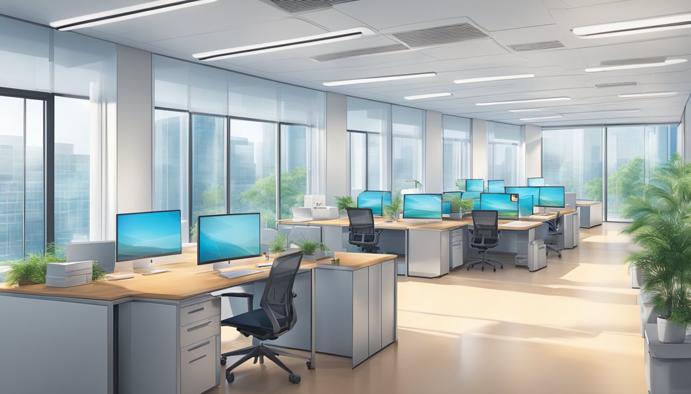 A modern, high-tech office space with sleek Daikin air conditioning units seamlessly integrated into the design, creating a comfortable and efficient environment