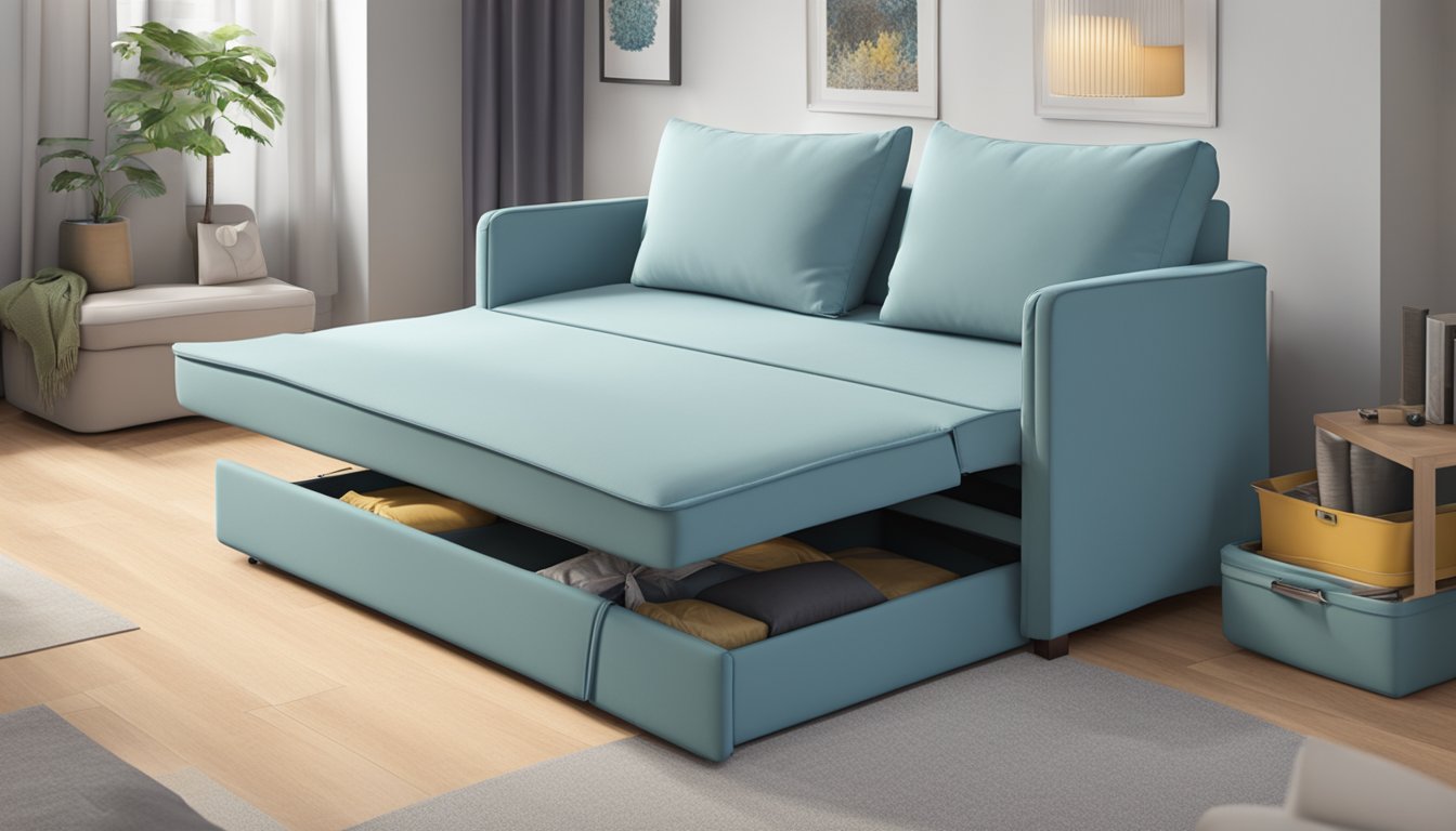 A super single sofa bed opens and closes effortlessly, with a built-in storage compartment for bedding and pillows
