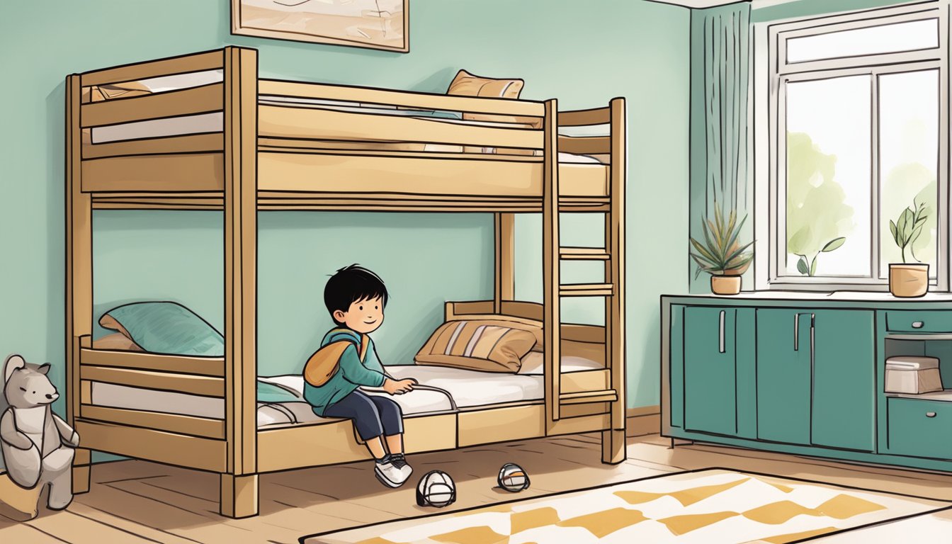 A child carefully chooses the perfect triple bunk bed from a selection of options in a Singaporean furniture store