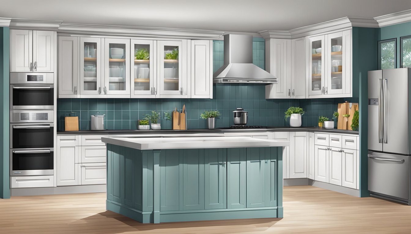 The kitchen cabinet is installed at a standard height, with shelves and doors, surrounded by countertops and appliances