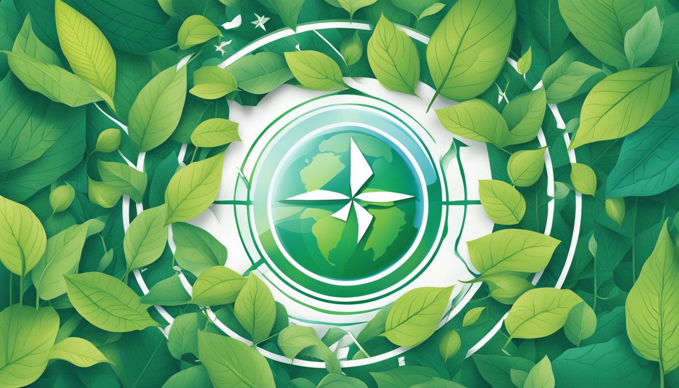 Daikin's logo surrounded by green leaves and renewable energy symbols, symbolizing their commitment to sustainability