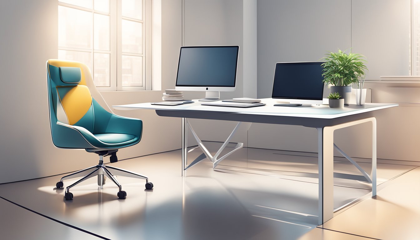 A plastic arm chair in a modern office setting, with a laptop and paperwork on the desk. Bright lighting and a clean, minimalist design