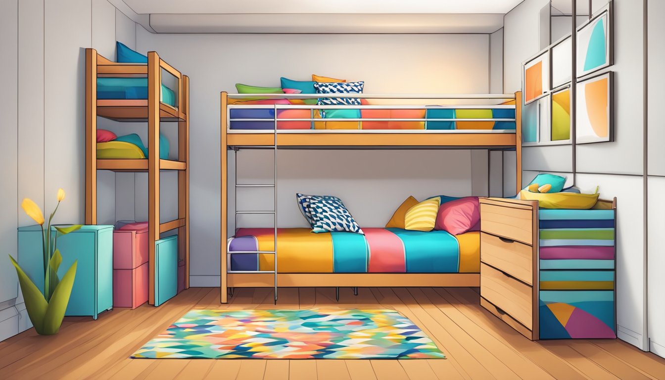 Three-tiered bunk bed with ladder, located in a small room. Brightly colored bedding and pillows. Room is tidy with minimal decor