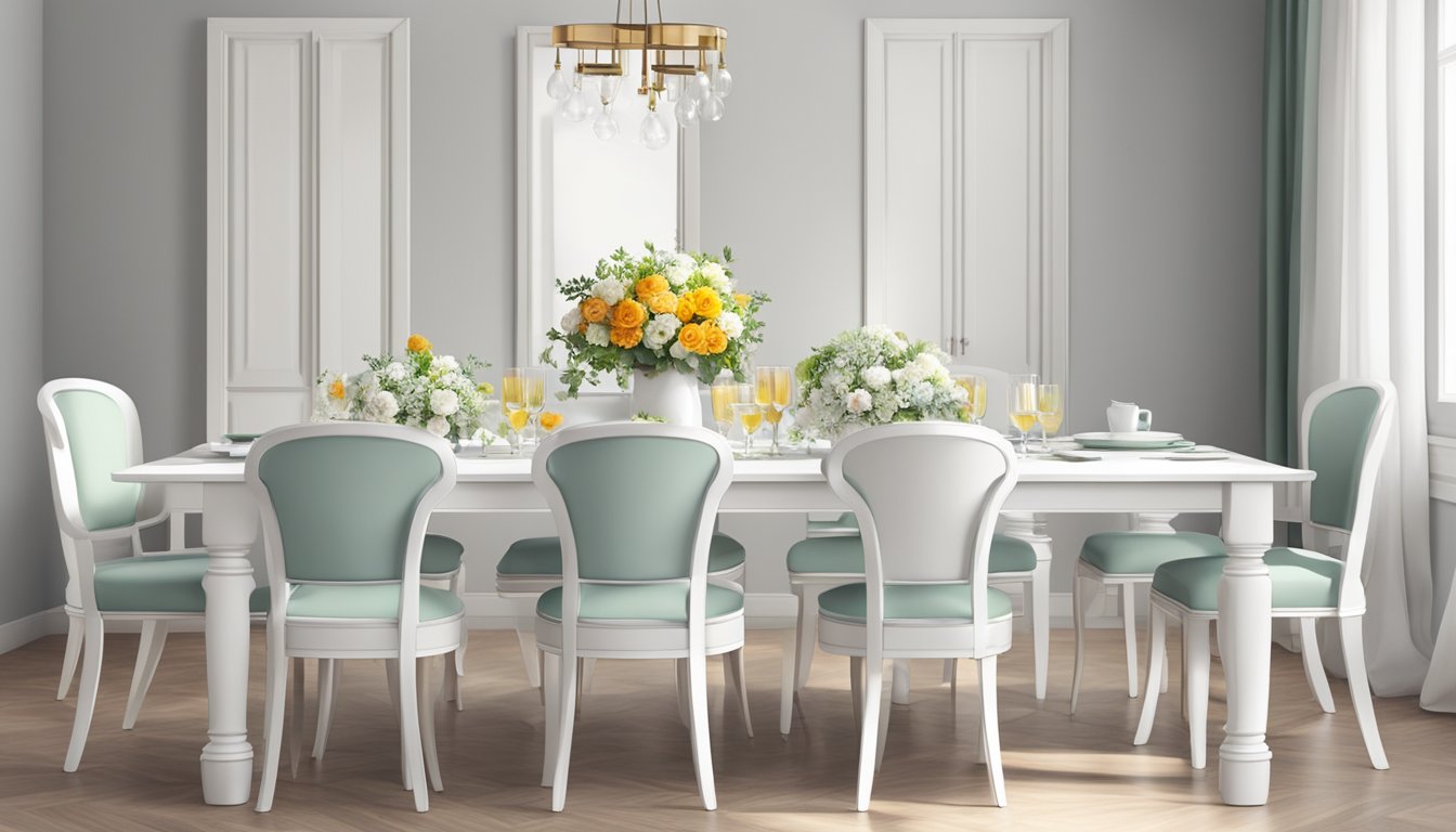 A white dining table set with matching chairs and a vase of fresh flowers in the center