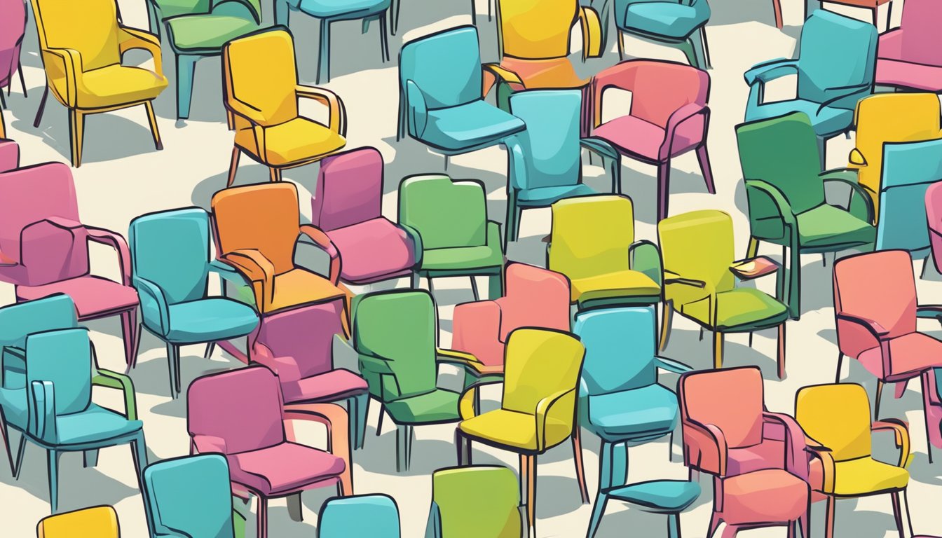 A plastic arm chair surrounded by question marks, representing frequently asked questions