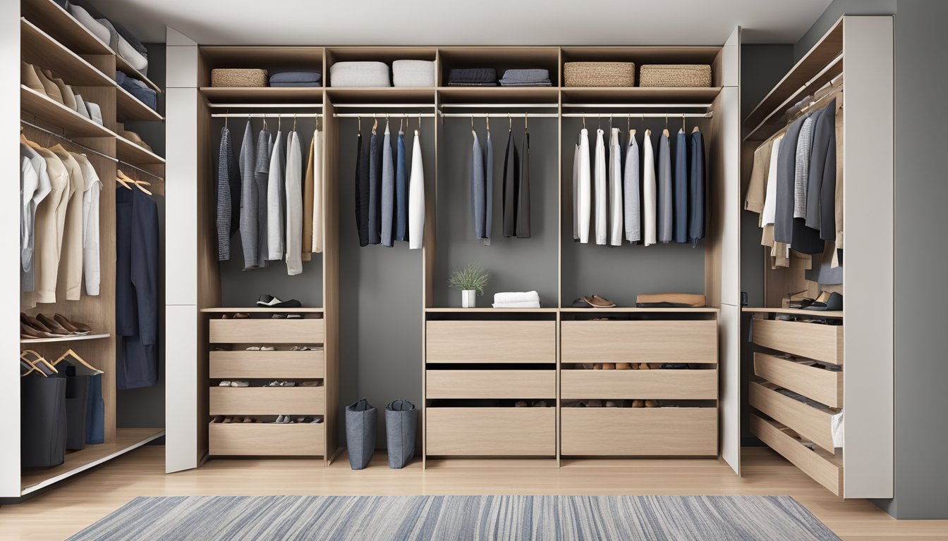 A spacious, well-organized modular wardrobe with sleek, customizable shelves and drawers, built-in shoe racks, and a variety of hanging options
