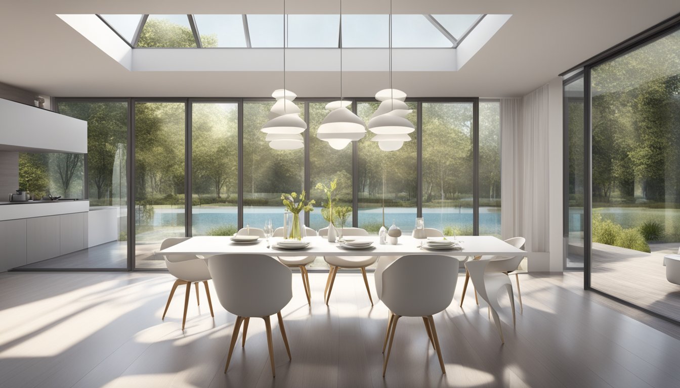 A bright, spacious dining room with a sleek, modern white dining table as the focal point. The table is surrounded by stylish chairs and bathed in natural light from large windows