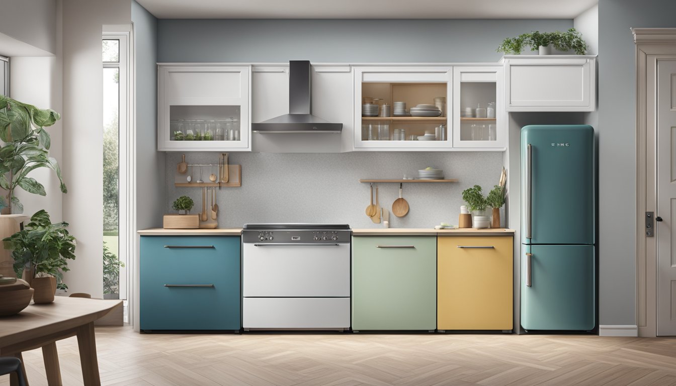 A sleek Smeg fridge stands in a modern kitchen, showcasing its range of colors and detailed features