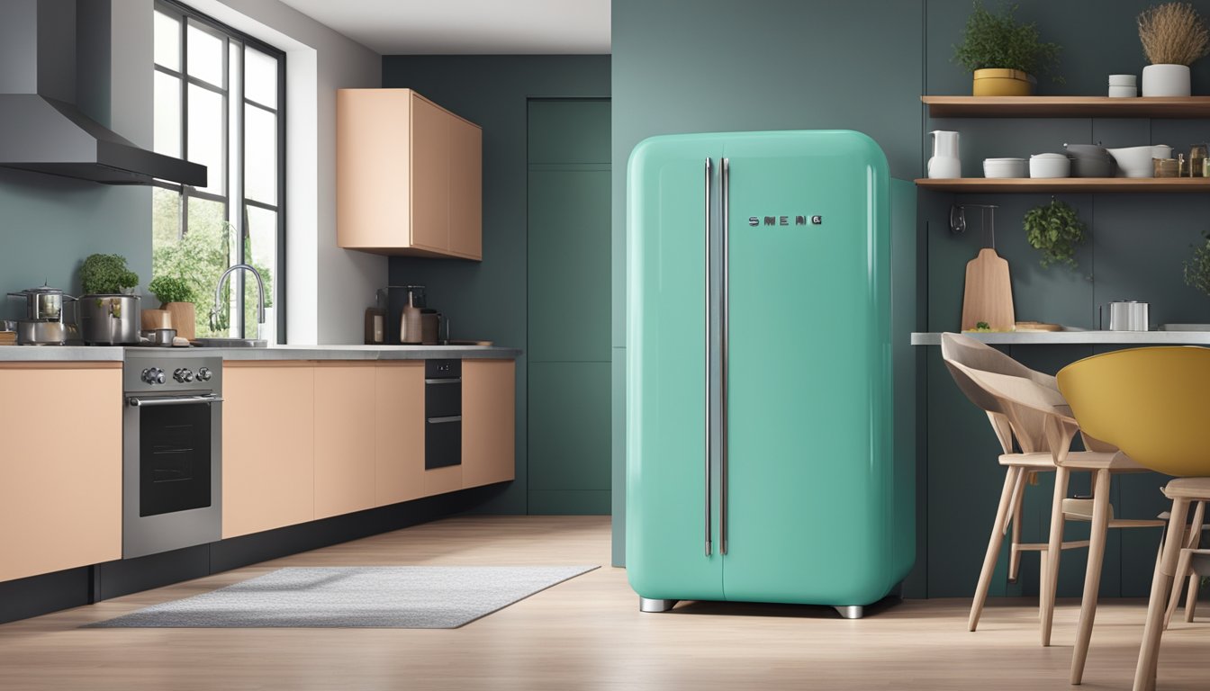 A sleek, modern Smeg fridge stands in a well-lit kitchen with clean lines and minimalist decor. The fridge is the focal point, with its vibrant color and retro design