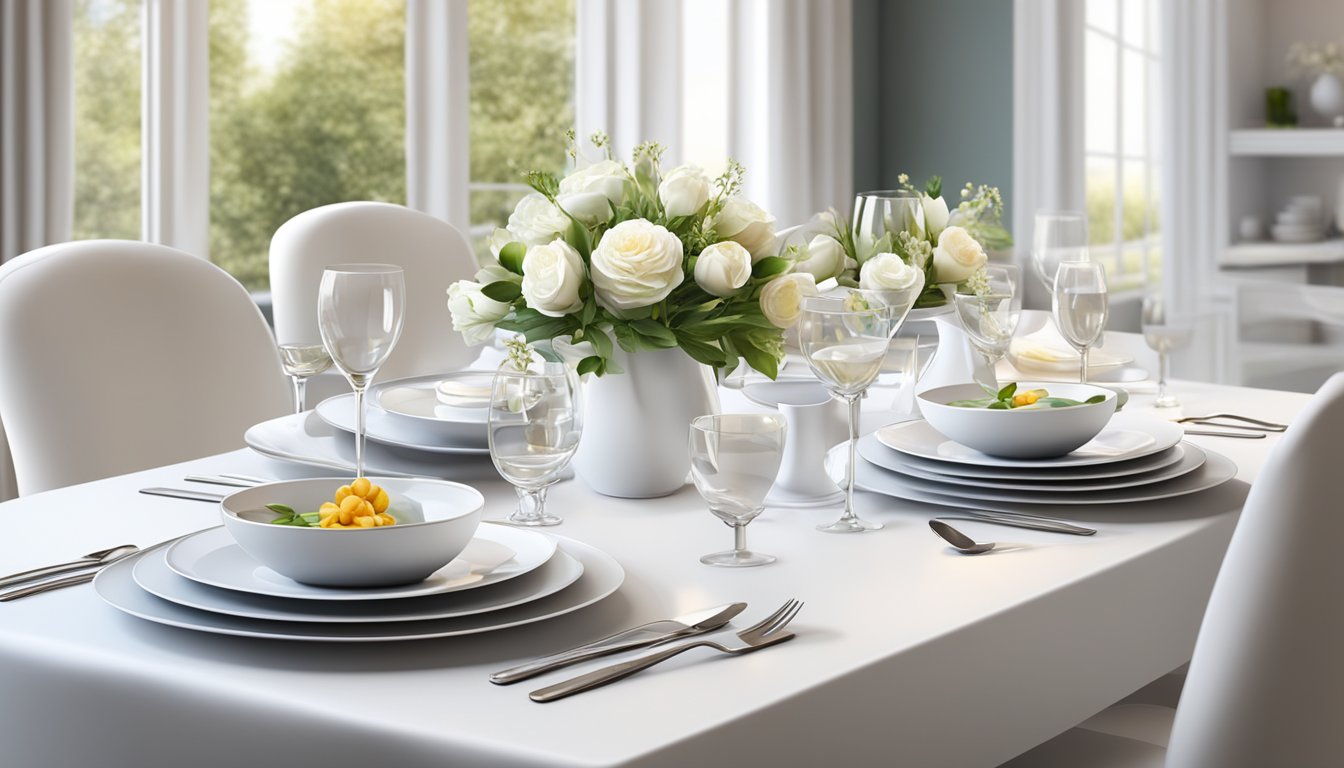 A white dining table set with elegant tableware and fresh flowers, creating an inviting and sophisticated atmosphere for a memorable dining experience