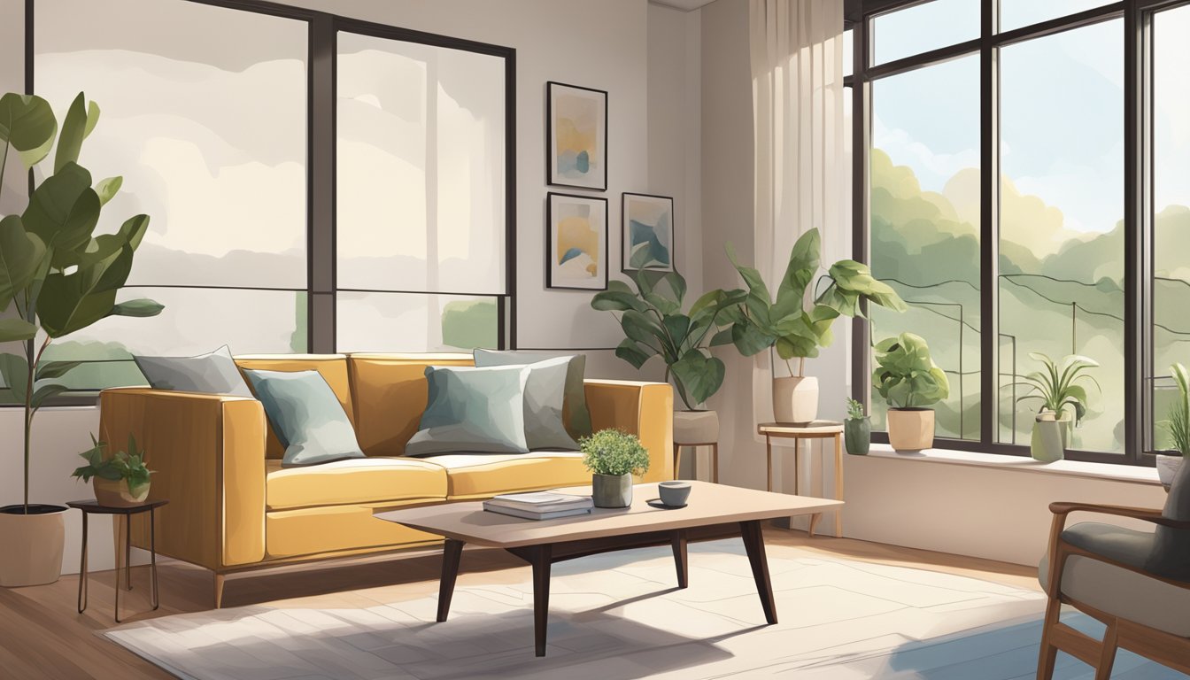 A cozy living room with a modern two seater sofa, positioned in front of a large window with natural light streaming in. A small side table with a potted plant sits next to the sofa, creating a warm and inviting atmosphere