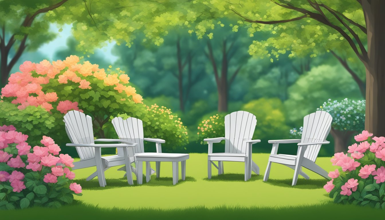 Four garden chairs arranged in a circle on a lush green lawn, surrounded by blooming flowers and tall, swaying trees