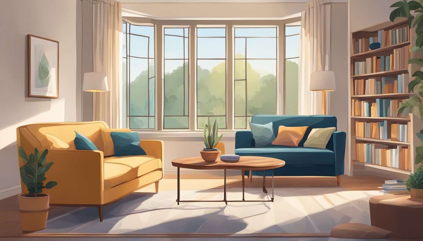 A cozy living room with a two seater sofa positioned in front of a large window, bathed in natural light. A small side table with a lamp and a stack of books sits next to the sofa, creating a perfect spot for relaxation and comfort