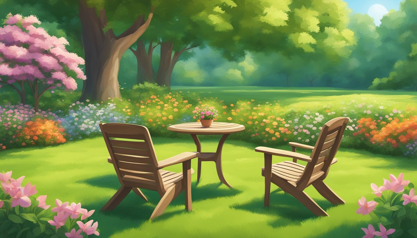 A sunny garden with two empty chairs facing each other on a lush green lawn surrounded by blooming flowers and tall trees
