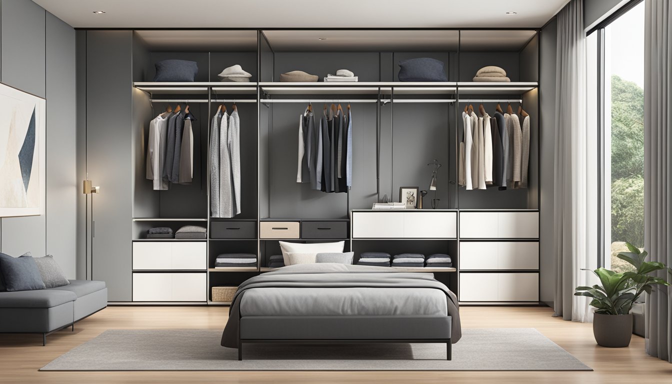 A sleek, organized modular wardrobe system in a spacious Singaporean bedroom with adjustable shelves and drawers