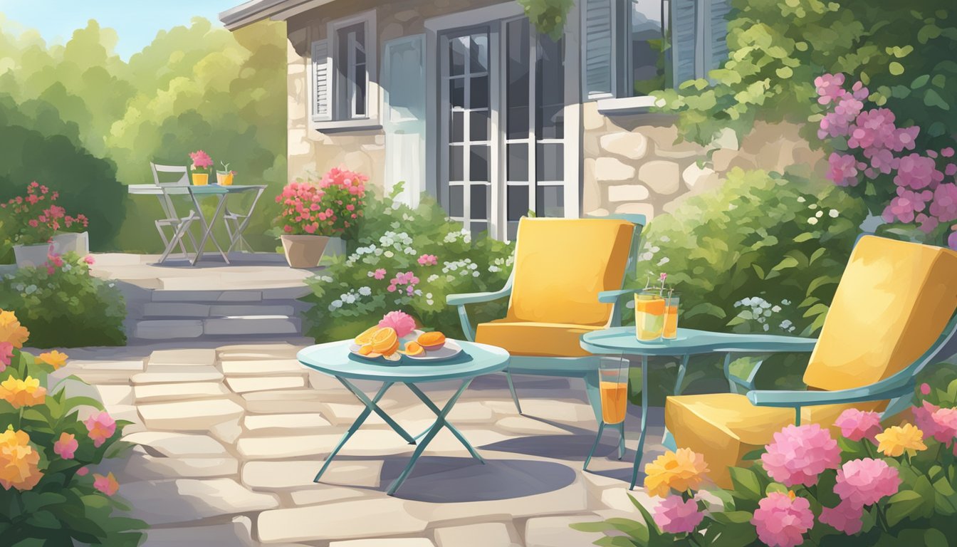 A sunny backyard with two stylish garden chairs placed on a stone patio, surrounded by blooming flowers and lush greenery. A small table sits between the chairs, holding a refreshing drink