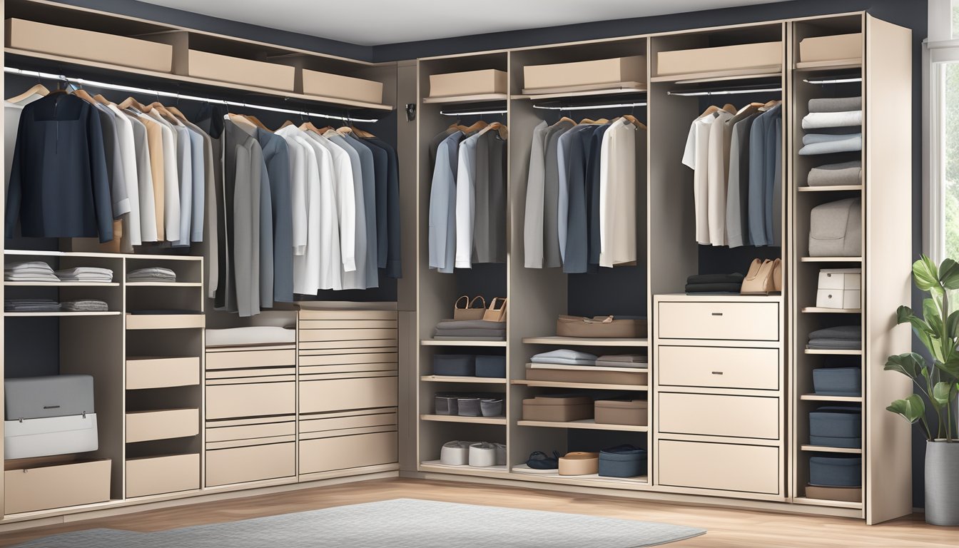 A sleek, modern wardrobe with adjustable shelves and drawers, surrounded by neatly organized clothing and accessories