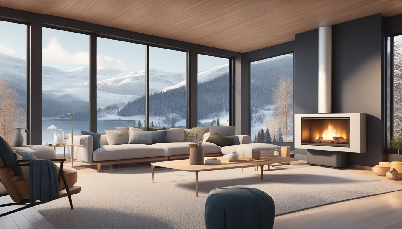 A cozy scandi living room with a fireplace, minimalist furniture, and large windows overlooking snowy mountains