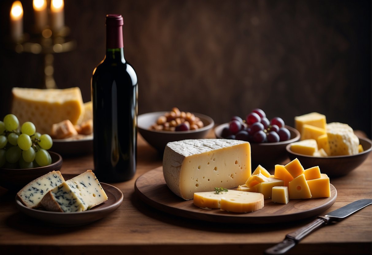 A bottle of Merlot next to a platter of assorted cheeses