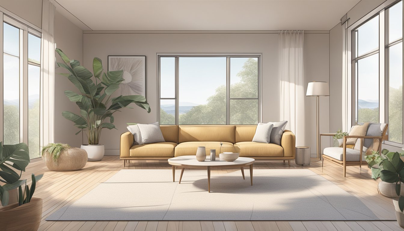 Clean-lined furniture, natural materials, minimal decor, and neutral colors in a bright, airy room with large windows and natural light