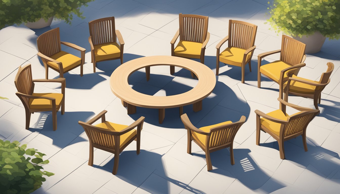Several garden chairs arranged in a circle, with a small table in the center. The chairs are empty, but the setting suggests a gathering or event