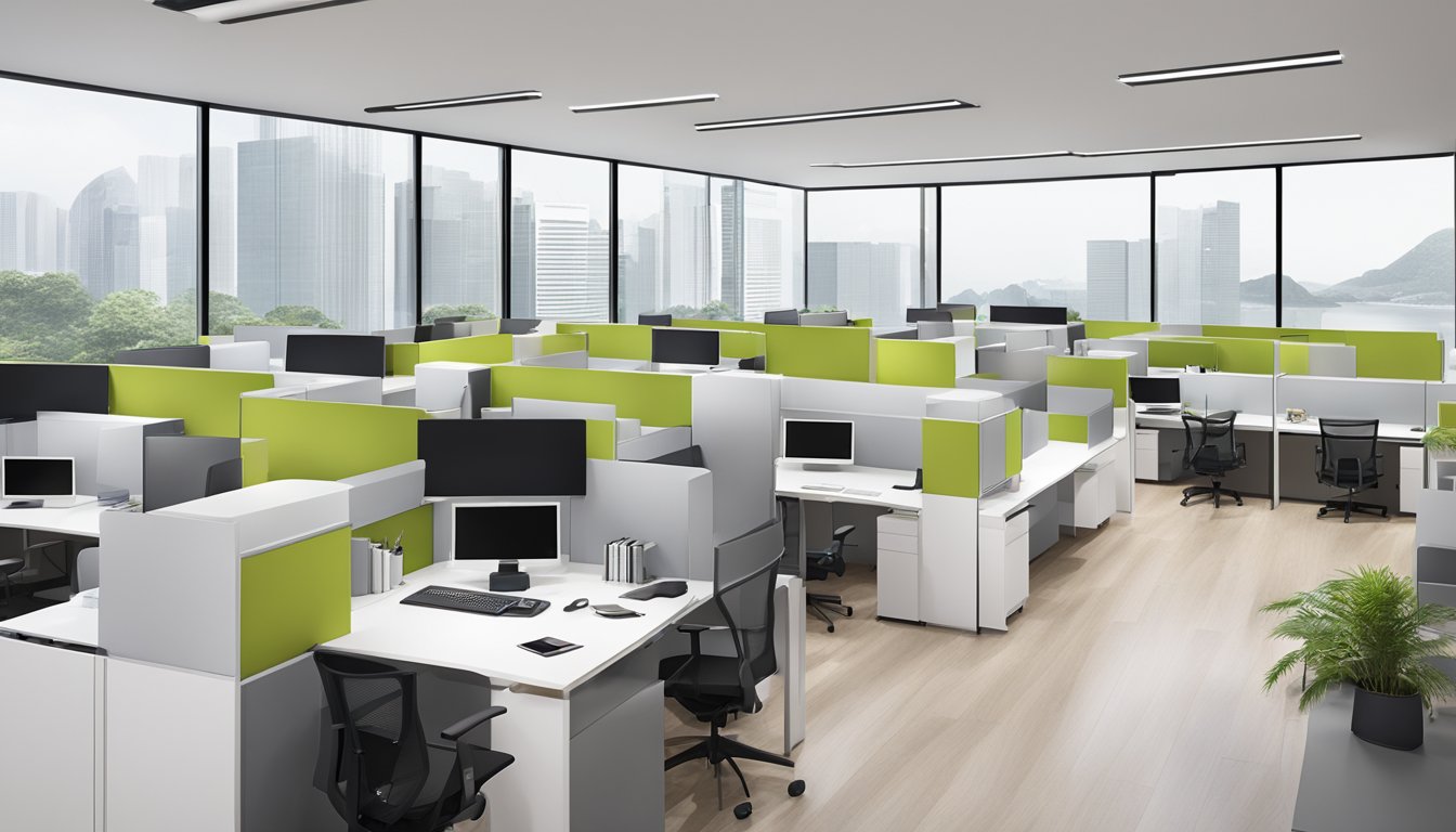 A modern office with sleek, modular system furniture in Singapore. Clean lines, minimalist design, and functional layout