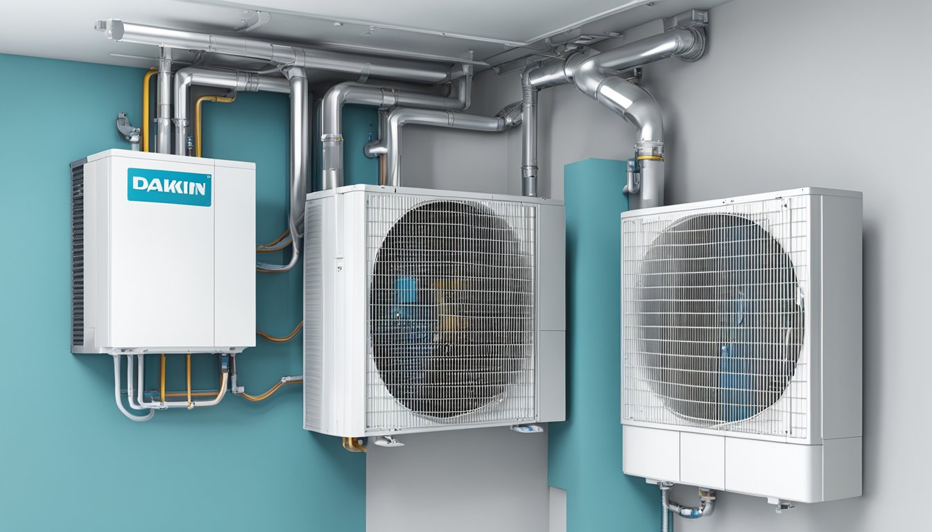 A Daikin system 2 air conditioner unit mounted on a wall, with two indoor fan coil units connected to it via refrigerant pipes