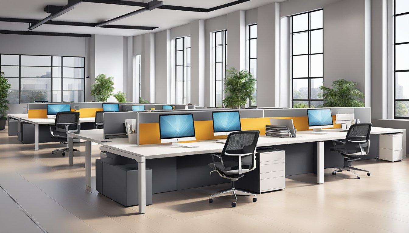 A modern office setting with sleek, modular furniture arranged in a clean and organized manner. The space exudes professionalism and efficiency