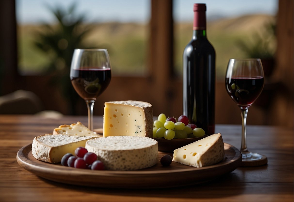 A bottle of Merlot next to a platter of assorted cheeses