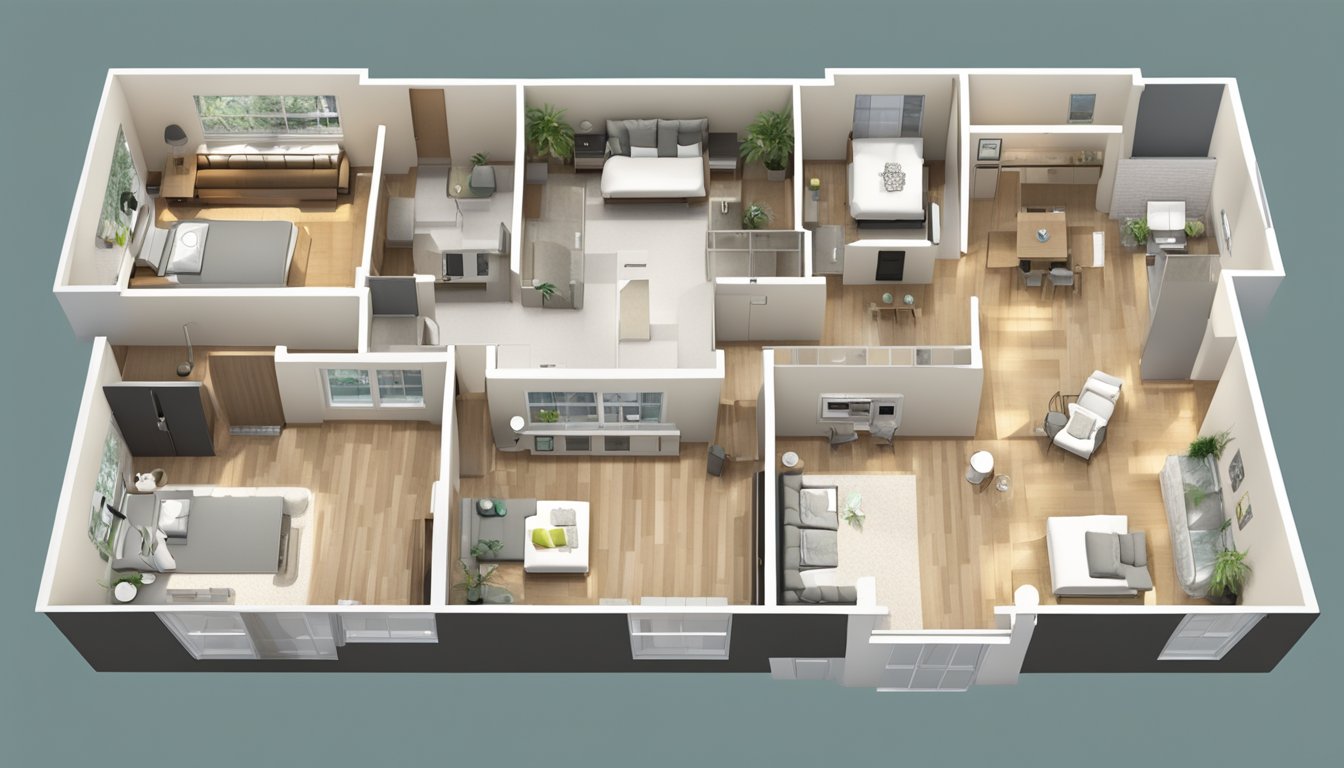 A floor plan of a 5-room BTO with labeled sections for renovation, including kitchen, living room, bedrooms, and bathrooms