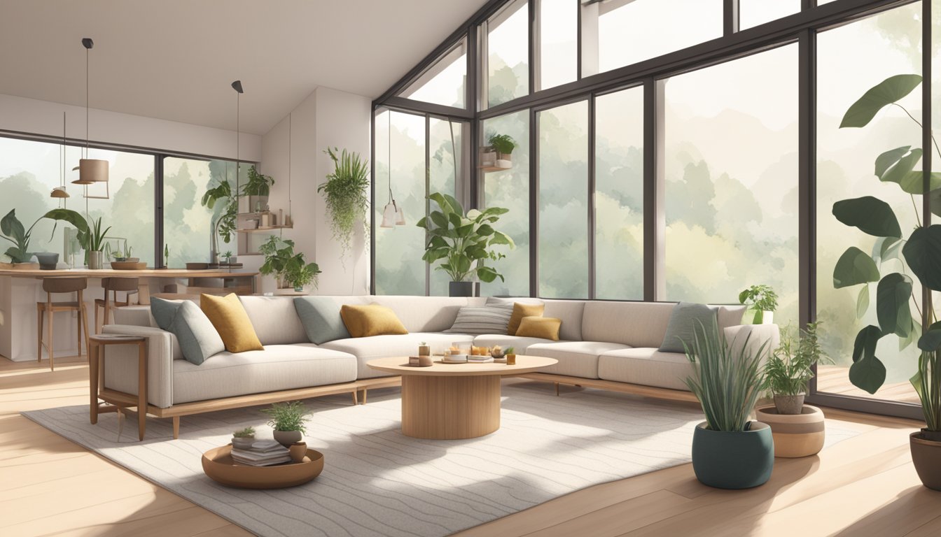 A cozy living room with minimalist furniture, natural materials, and soft, neutral colors. Large windows let in plenty of natural light, and there are plants scattered throughout the space