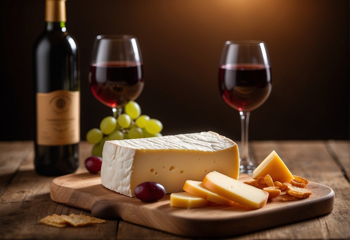 A hand reaches for a wedge of creamy brie, alongside a slice of sharp cheddar, and a chunk of tangy gouda, all set on a wooden cheese board, next to a bottle of Merlot